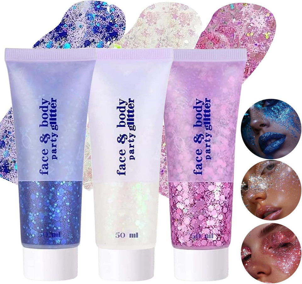3 PCS Body Glitter Gel, Face Glitters Body Gel Sequins Shimmer Liquid Eyeshadow, Mermaid Sequins Liquid Holographic Glitter Gel, Chunky Glitter for Face Hair Nails(Blue/White/Pink) 3 PCS Body Glitter Gel, Face Glitters Body Gel Sequins Shimmer Liquid Eyeshadow, Mermaid Sequins Liquid Holographic Glitter Gel, Chunky Glitter for Face Hair Nails(Blue/White/Pink)