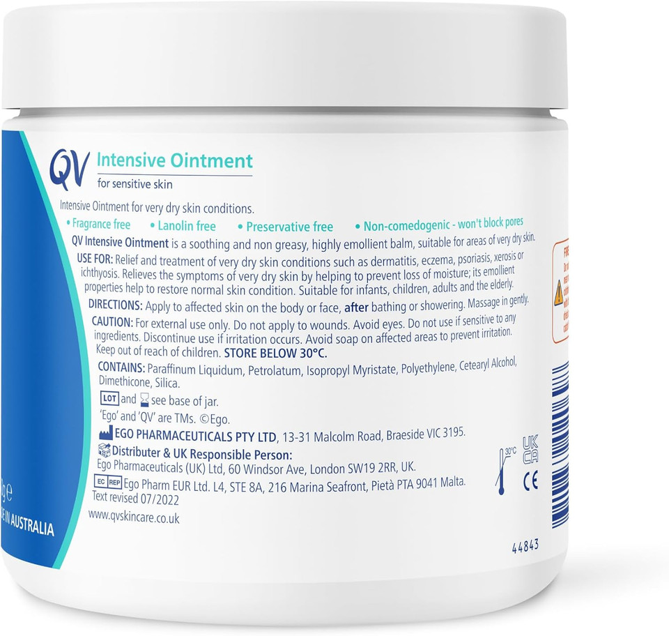 QV Intensive Ointment (450g) Soothing Moisturiser for Extremely Dry and Sensitive Skin, Rich Intensive Balm, Fragrance Free, Noncomedogenic, Sting Free Skin Care for Eczema, Psoriasis, Dermatitis