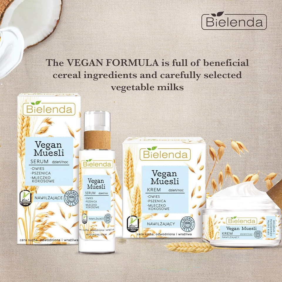 Bielenda Vegan Muesli - Effect Deeply Moisturized, Nourished, Satin Soft And Healthy Glow Skin - Vegan Muesli Moisturizing Cream Oats + Wheat + Coconut Milk - 50 ml