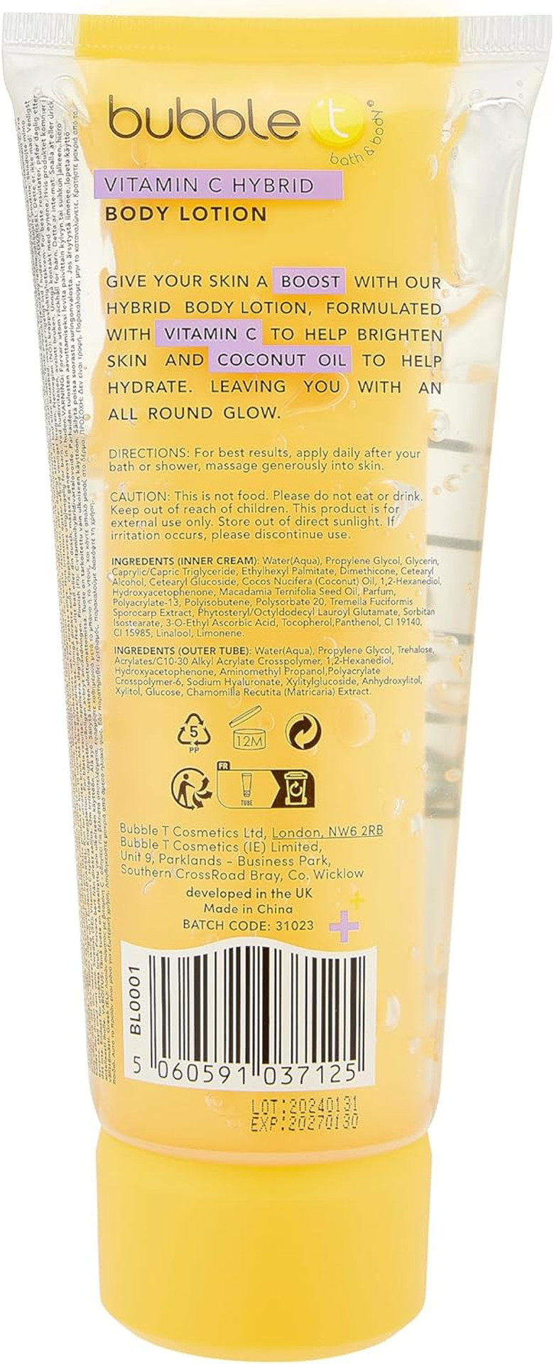 Bubble T Cosmetics Vitamin C and Coconut Oil Hybrid Body Lotion, Brightening and Moisturising, Anti-ageing Skincare 200ml 2-Pack