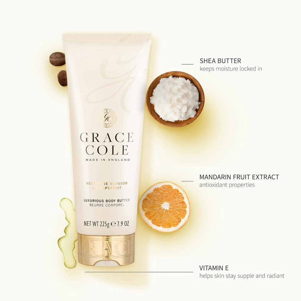 Grace Cole White Nectarine & Pear Scented Shea Body Butter 225ml Refreshing & Moisturising - Essential Oils - Vegan and Cruelty Free, No SLS or Parabens - Made In England