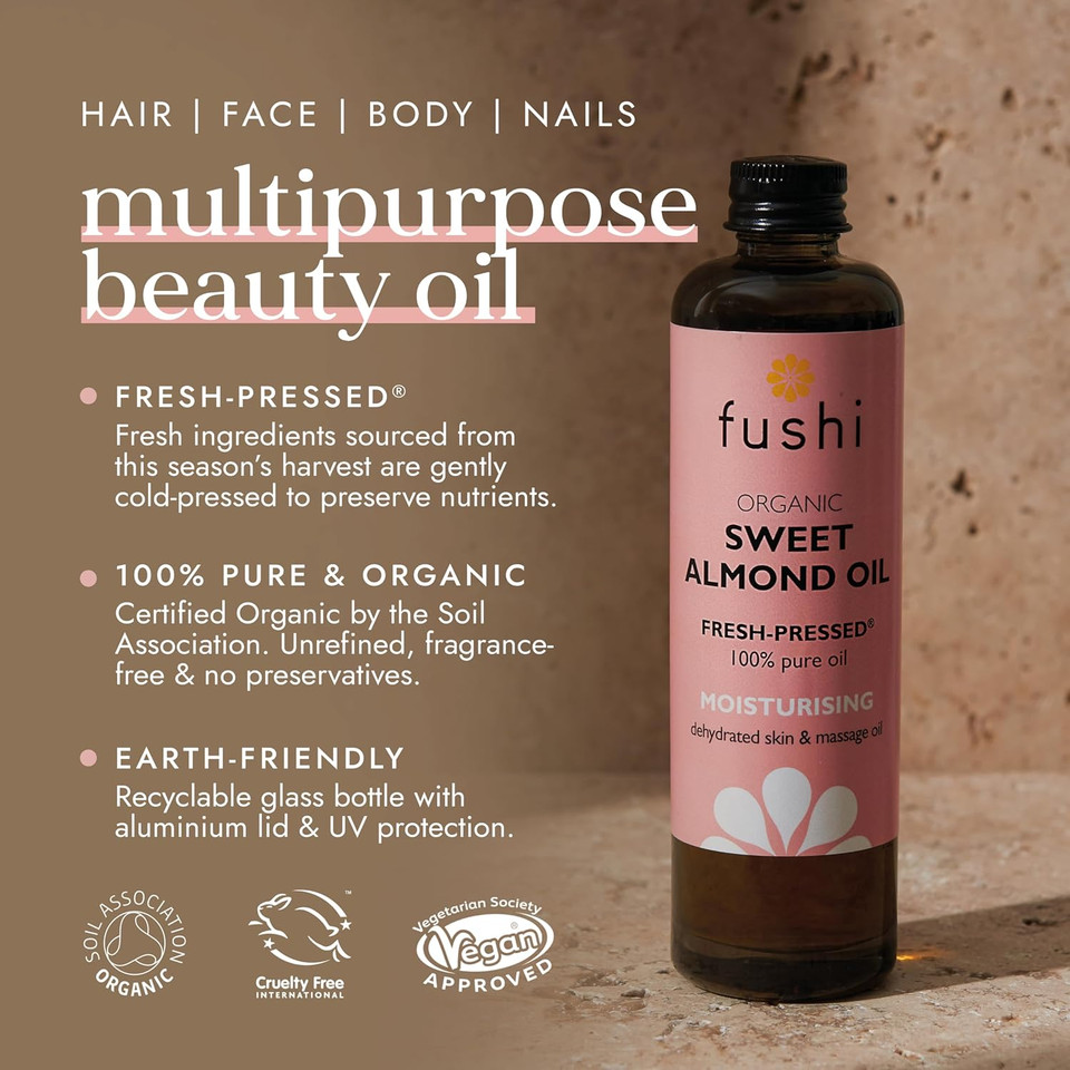 Fushi Sweet Golden Almond Organic Oil 100 ml | Fresh-Pressed | Best for Dull Skin, Dry Hands, Skin Cleansing, Sensitive Skin|Ethical & Vegan Society Approved|Manufactured in the UK