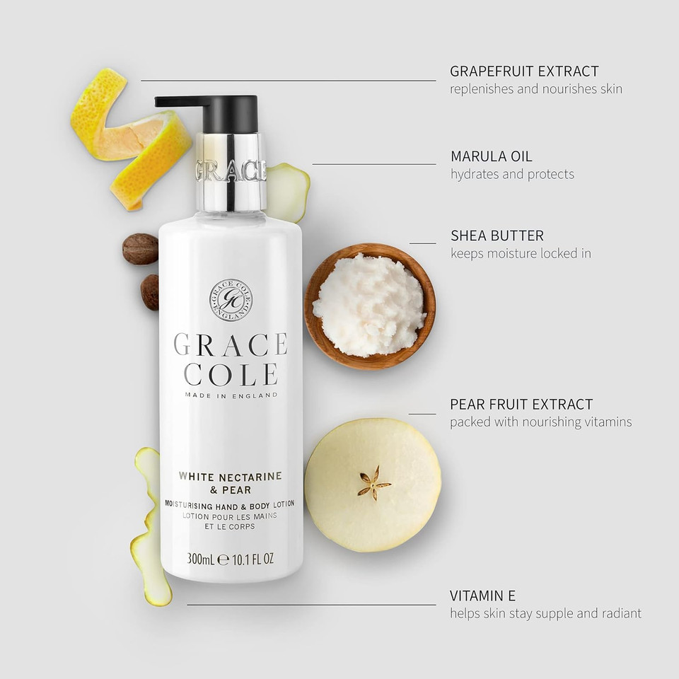 Grace Cole Nectarine Blossom & Grapefruit Fragrance - Cleansing Hand & Body Lotion 300ml - Essential Oils - Vegan and Cruelty Free, No SLS or Parabens - Made In England - Recyclable Bottle