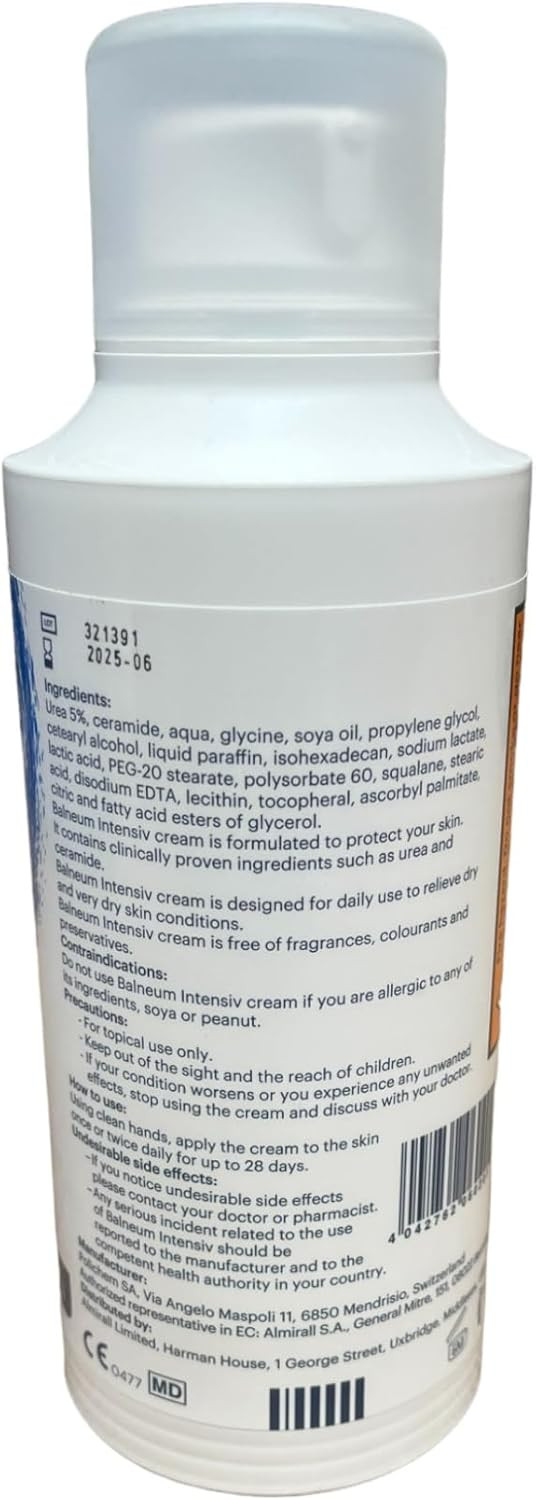 Balneum Intensiv Cream - Moisturisation and Hydration for Dry Skin - Formula with Urea and Ceramide - Suitable for Eczema and Dermatitis - for Men and Women - 500ml