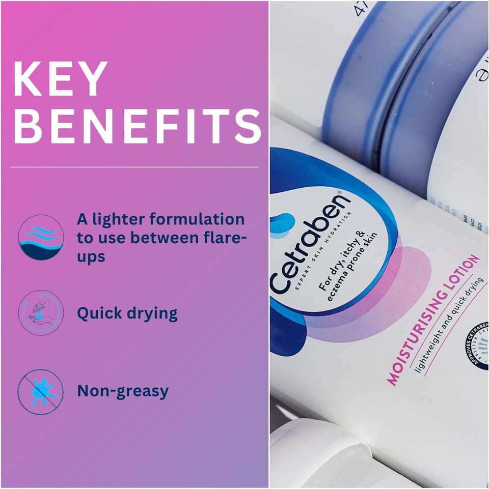 Cetraben Moisturising Lotion, Dry, Sensitive & Eczema-Prone Skin, Lightweight & Quick Drying, Soothes & Protects Skin, Daily Moisturiser Suitable for Adults & Children, Fragrance Free, 1 x 475ml Cetraben Moisturising Lotion, Dry, Sensitive & Eczema-Prone Skin, Lightweight & Quick Drying, Soothes & Protects Skin, Daily Moisturiser Suitable for Adults & Children, Fragrance Free, 1 x 475ml