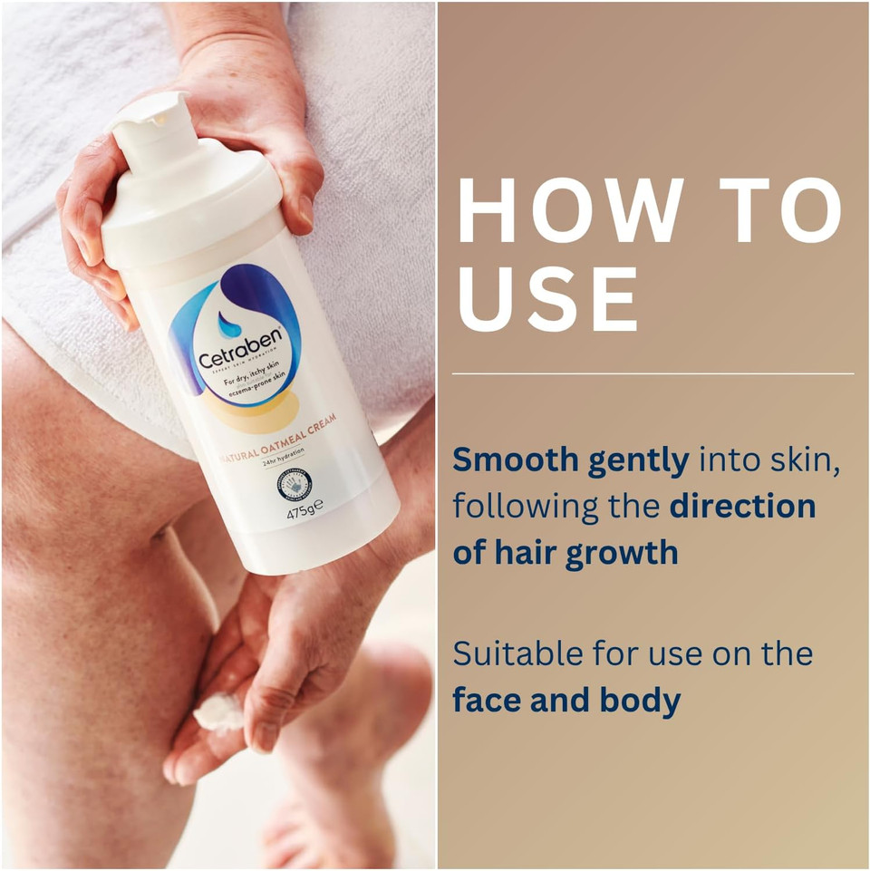 Cetraben Natural Oatmeal Cream, For Dry, Sensitive & Eczema-Prone Skin, Provides 24 Hour Hydration, Soothing, Lightweight and Quick Drying, For Daily use on the Body and Face, 1 x 475g