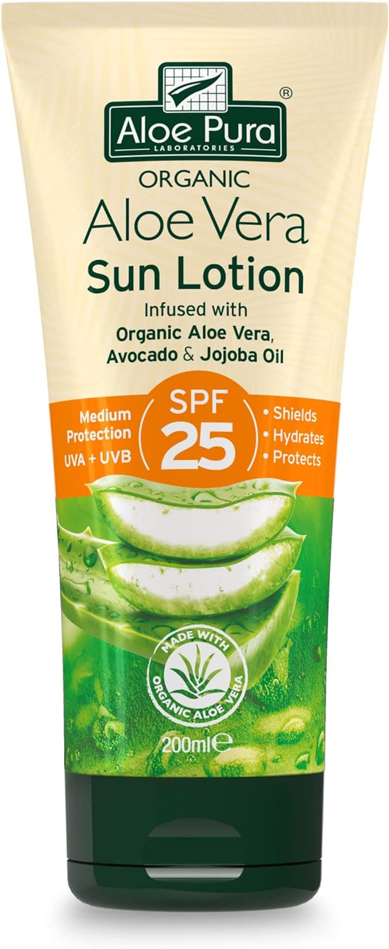 Aloe Pura, Organic Aloe Vera Sun Lotion SPF 25, Natural, Vegetarian, Cruelty Free, Paraben & SLS Free, Long-Lasting Shield, Medium Protection, 200ml