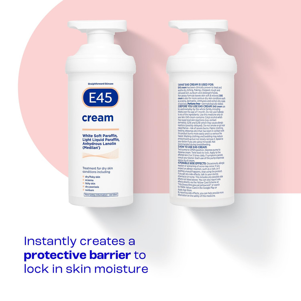 E45 Cream 500 g  E45 Cream for Dry, Irritated Skin  Moisturiser to Soothe Dry & Sensitive Skin - Dermatologically Tested Eczema Dermatitis Cream  Non-Greasy Body Face Hand Cream  Clinically Proven