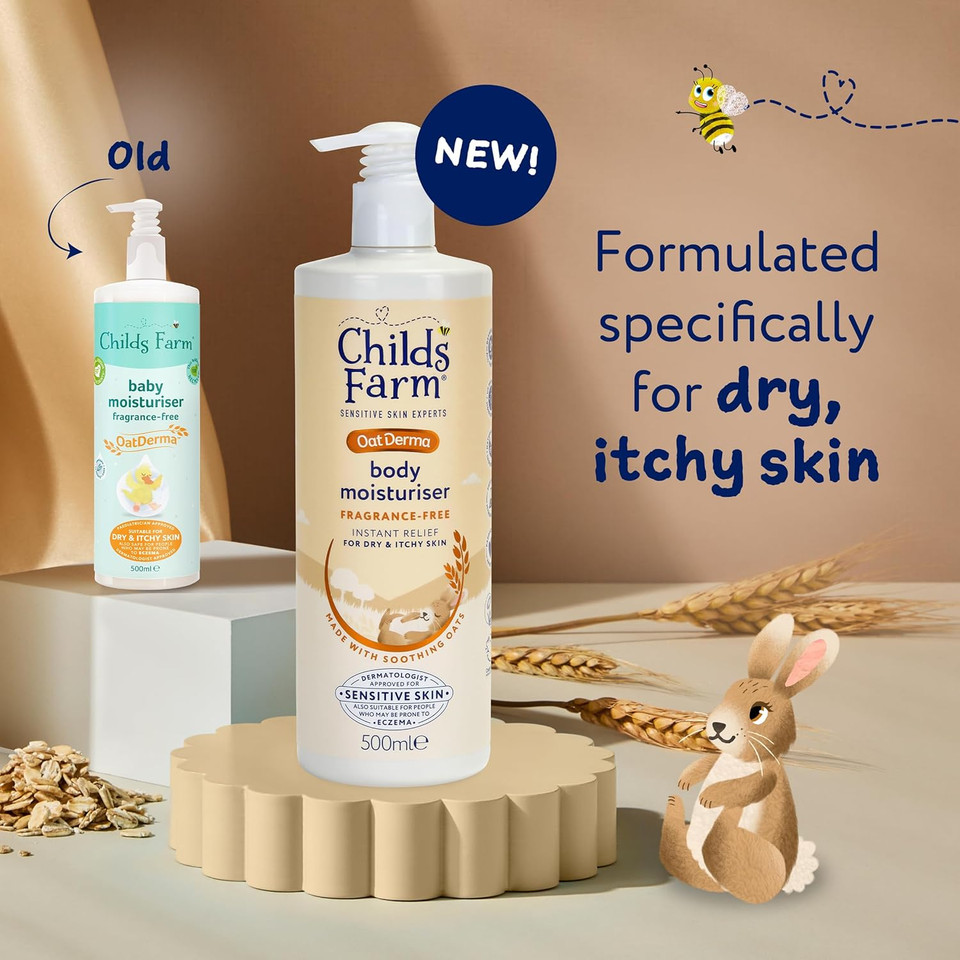 Childs Farm OatDerma Body Moisturiser, Fragrance Free, Soothing Hydration, Sensitive Skin, Emollient, Baby, Kids, 500ml