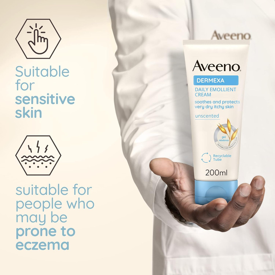 Aveeno Dermexa Daily Emollient Cream (1x 200ml), Emollient Cream Enriched with Triple Oat Complex and Ceramides for Sensitive Skin, Soothing Relief from Itchy, Dry Skin Prone to Eczema (Pack of 2)