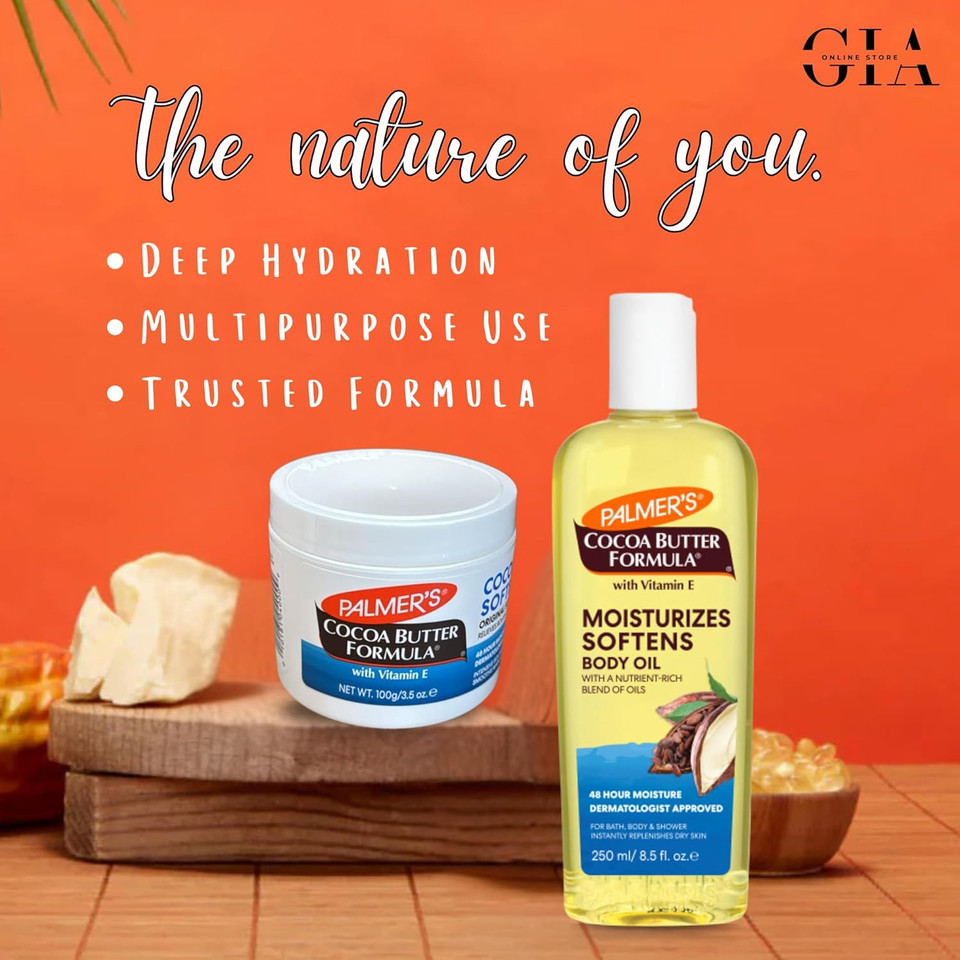 Palmer's Cocoa Butter Set - Cocoa Butter Tub 100g & Body Oil 250ml - Nourishing Skin Care Duo for Deep Hydration - Ideal for Dry and Sensitive Skin - Palmer's Cocoa Butter Moisturiser with Vitamin E