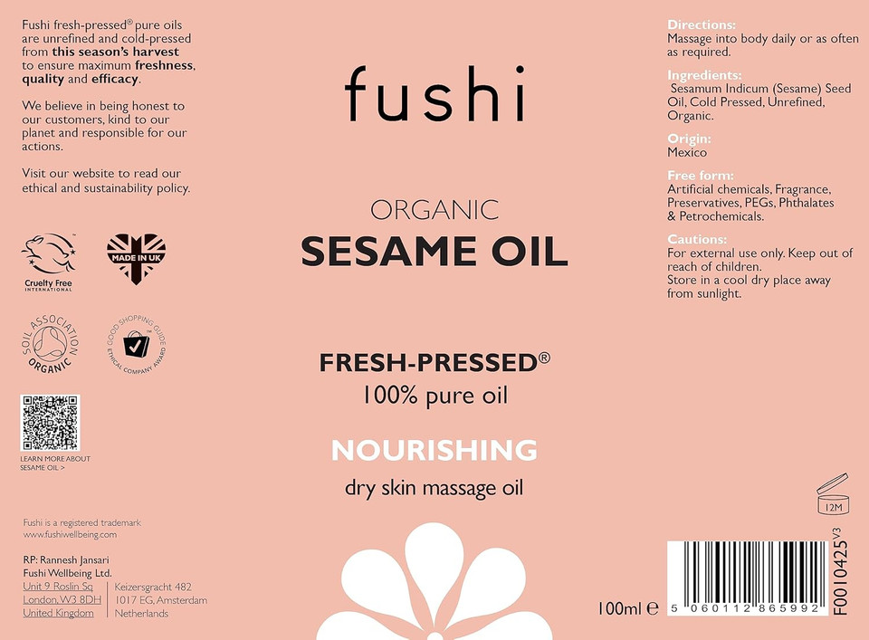 Fushi Organic Sesame Oil 100ml | Virgin & Fresh-Pressed |Rich in Vitamin E, B & Complex Minerals | Best for Scars, Dry Skin & Fine Lines | Ethical & Vegan | Manufactured in the UK (Pack of 2)