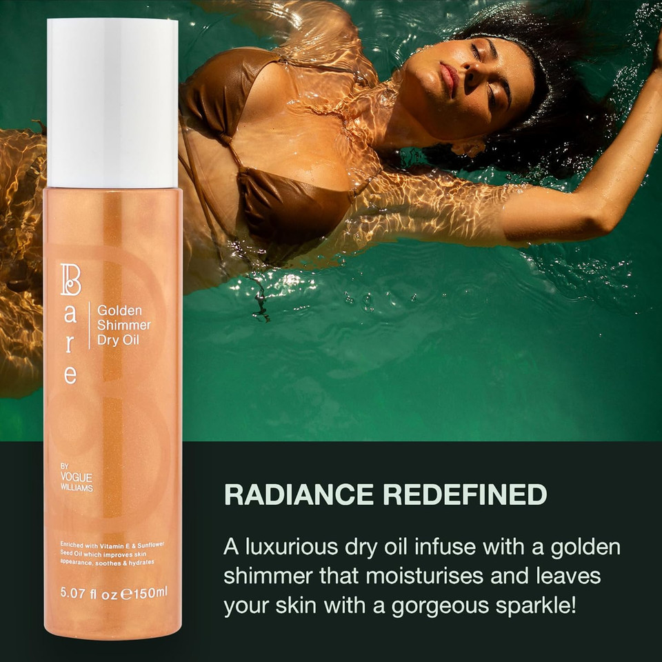 Bare by Vogue Golden Shimmer Dry Oil - Moisturise and Hydrate your Skin with Gorgeous Sparkle - Lightweight & Quick-Drying Face & Body Shimmer Oil, 150ml