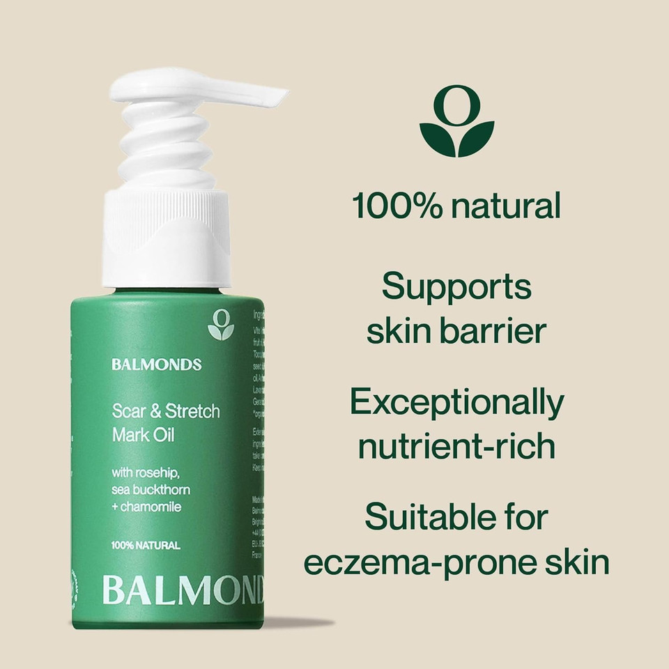 Balmonds Scar and Stretch Mark Oil 50ml - 100% Natural Blend of Rosehip, Borage and Sea Buckthorn Oils - Helps Improve The Appearance of Scars, Uneven Skin Tone, Acne Scars & Stretch Marks