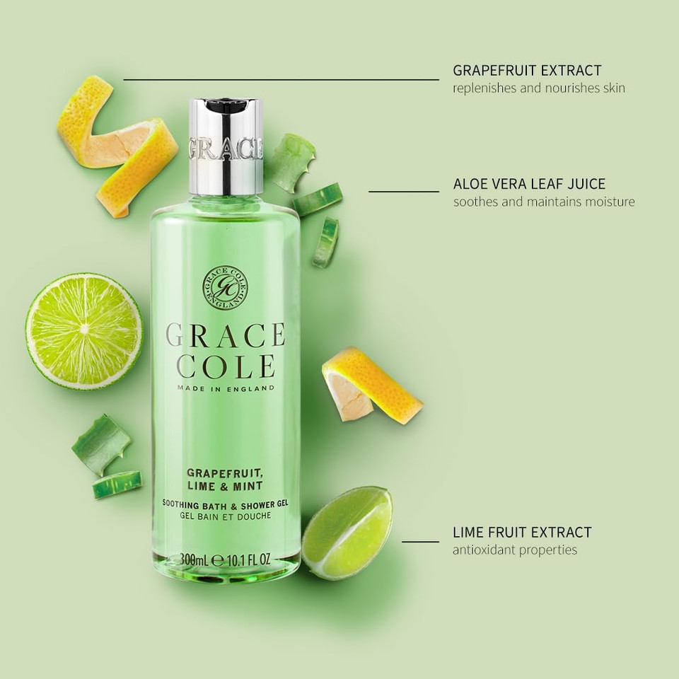 Grace Cole Grapefruit Lime & Mint Scented Body Care Duo Gift Set 1 x Bath & Shower Gel 300ml, 1 x Hand & Body Lotion 300ml - Essential Oils - Vegan - Made In England