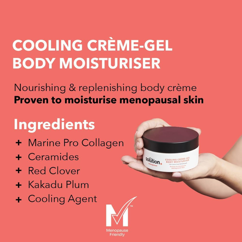 The Solution Menopause Cooling Crème-Gel Body Moisturiser (200ml). Hydrating Night & Day Cream with Marine Pro Collagen, Vegan & Cruelty Free Moisturising Cream with Menopause Complex for Hot Flushes