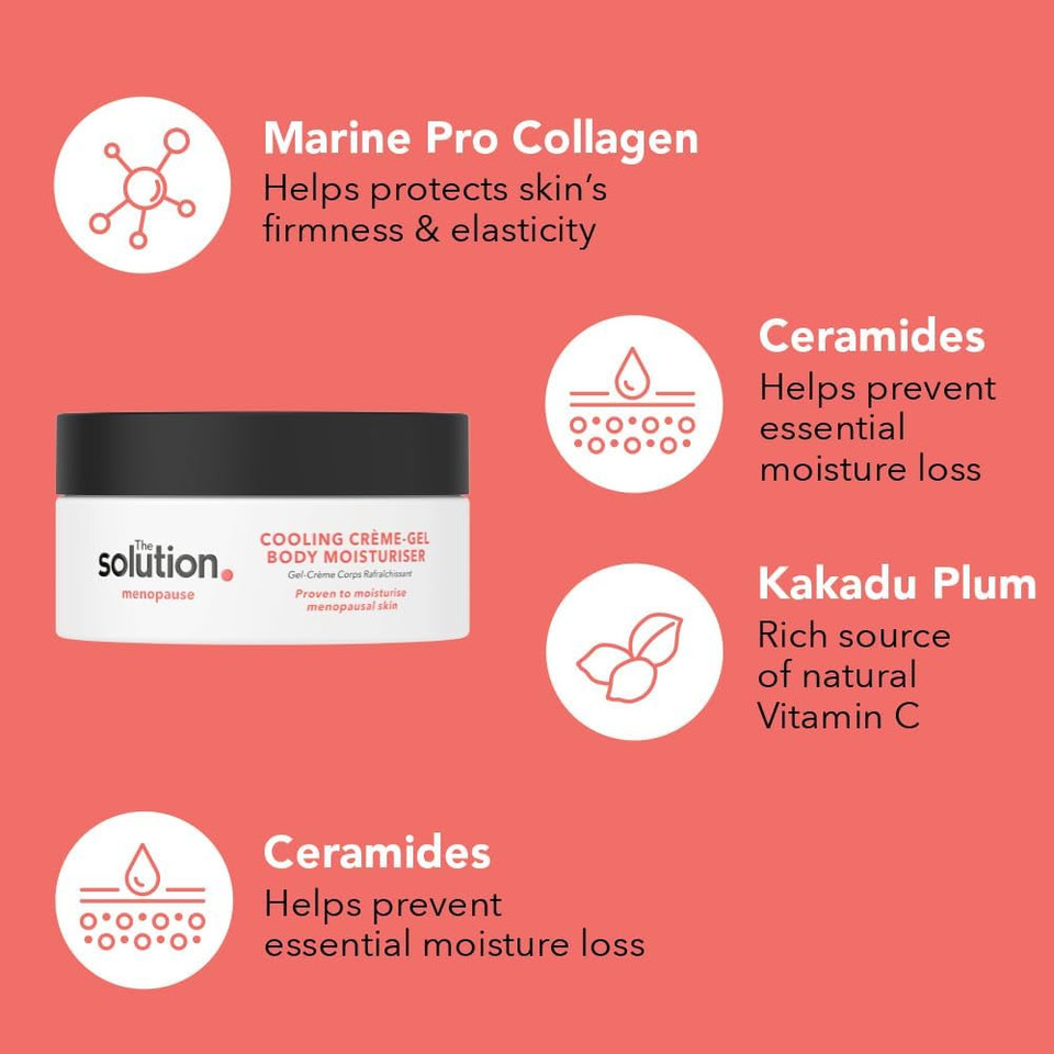 The Solution Menopause Cooling Crème-Gel Body Moisturiser (200ml). Hydrating Night & Day Cream with Marine Pro Collagen, Vegan & Cruelty Free Moisturising Cream with Menopause Complex for Hot Flushes