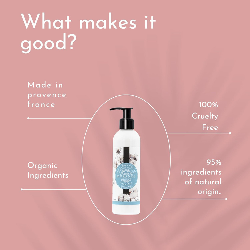 Durance Les Eternelles Moisturising Body Lotion 250ml, Cotton Musk Scent - Intensive Moisturiser Enriched With Plant Oils - Fresh & Luscious Texture, No Oily Feeling