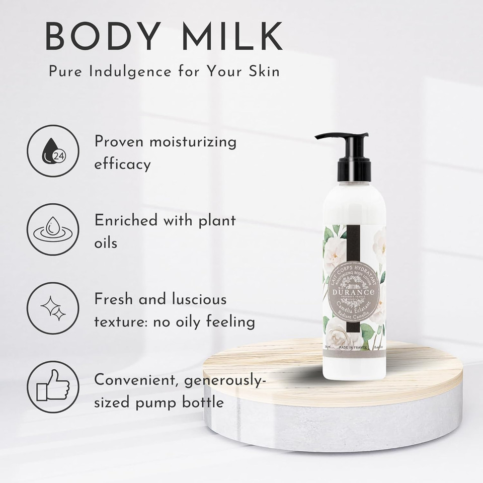 Durance Les Eternelles Moisturising Body Lotion 250ml, Radiant Camellia Scent - Intensive Moisturiser Enriched With Plant Oils - Fresh & Luscious Texture, No Oily Feeling