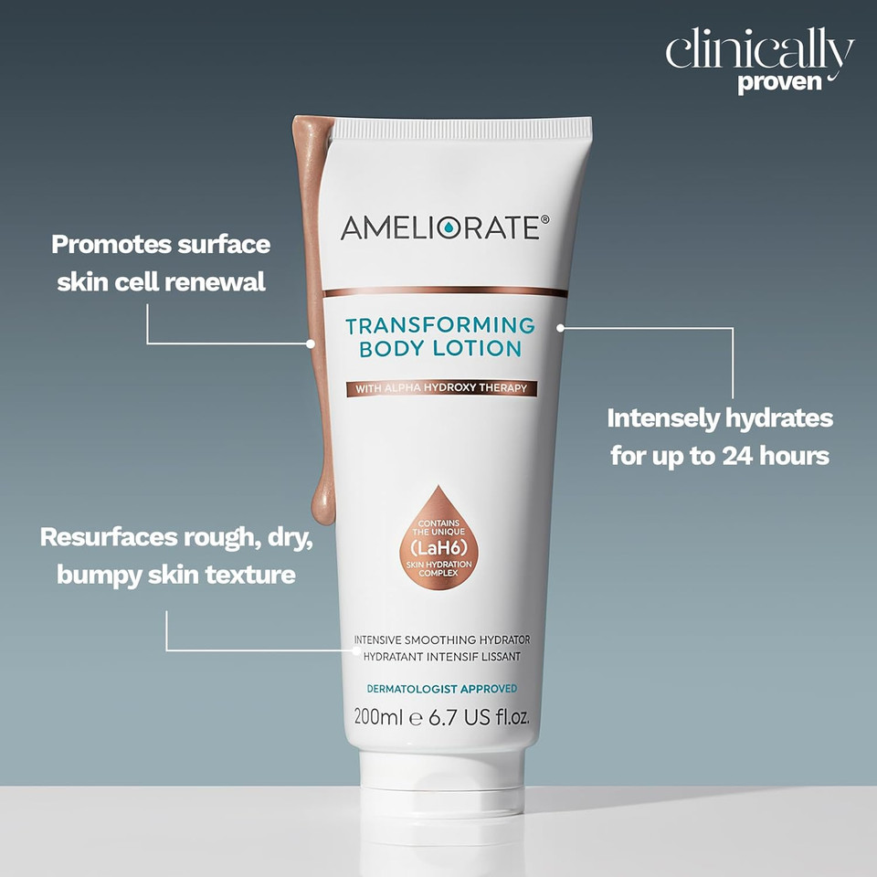 Ameliorate Transforming Body Lotion 200ml - Illuminating Glow Formula | LaB6, Lactic Acid, AHAs | Dermatologically tested, Menopause Friendly