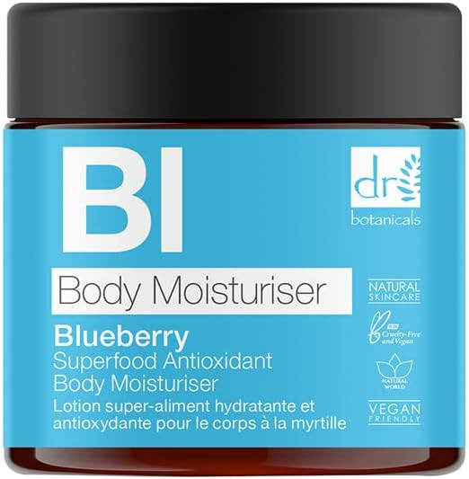 Dr Botanicals Natural Care Blueberry & Juniper berry Superfood Antioxidant intensely moisturizing Body Moisturiser with Vitamin C & E. Vegan & Cruelty Free 60ml
