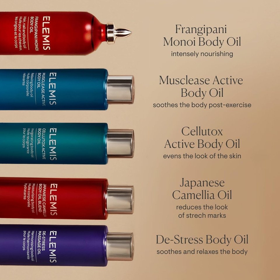 ELEMIS Body Oils 100ml  Frangipani Monoi, Japanese Camellia, Cellutox Active & De-Stress Massage Oils  Ultra-Hydrating, Nourishing & Relaxing Aromatherapy Oils for Skin Softening & Detox