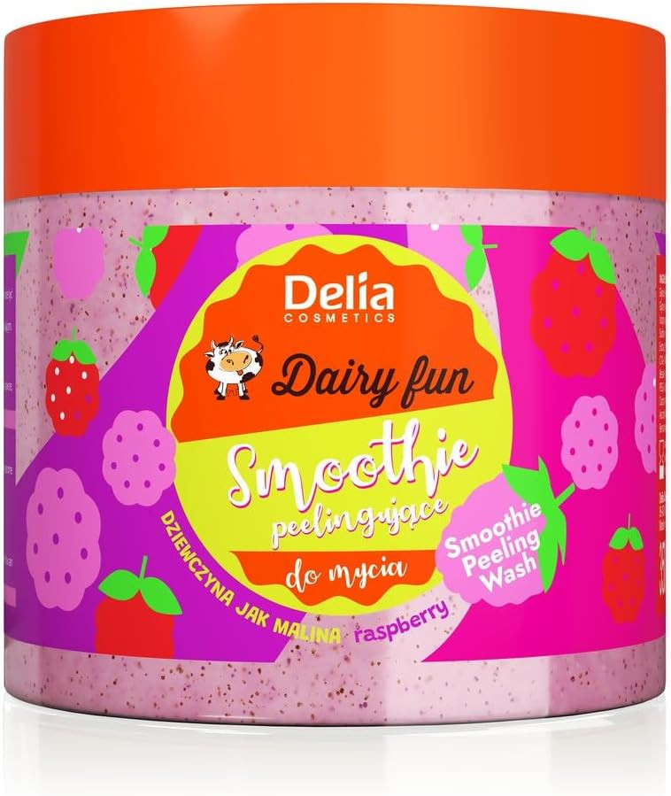 Delia Cosmetics - Dairy Fun - Body Peeling Smoothie - Washes & Refreshes - Exfoliates & Smoothes - Moisturizes, Nourishes, Firms - Intense Scent of Raspberry - Natural Extracts - Body Scrub - 350g
