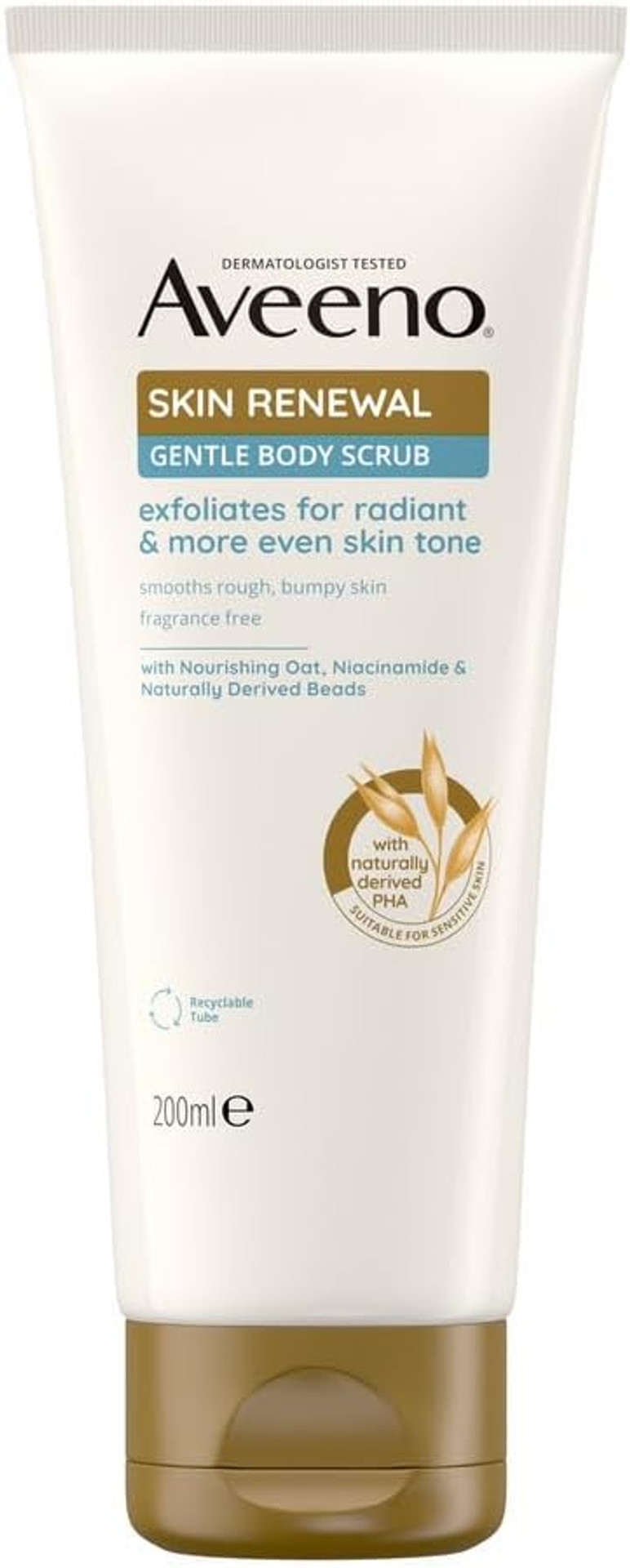 Aveeno Skin Renewal Gentle Body Scrub (1x 200ml), Gentle Exfoliator with Nourishing Prebiotic Oat, 2% Naturally-Derived PHA & Smoothing Niacinamide, Body Scrub for sensitive Skin