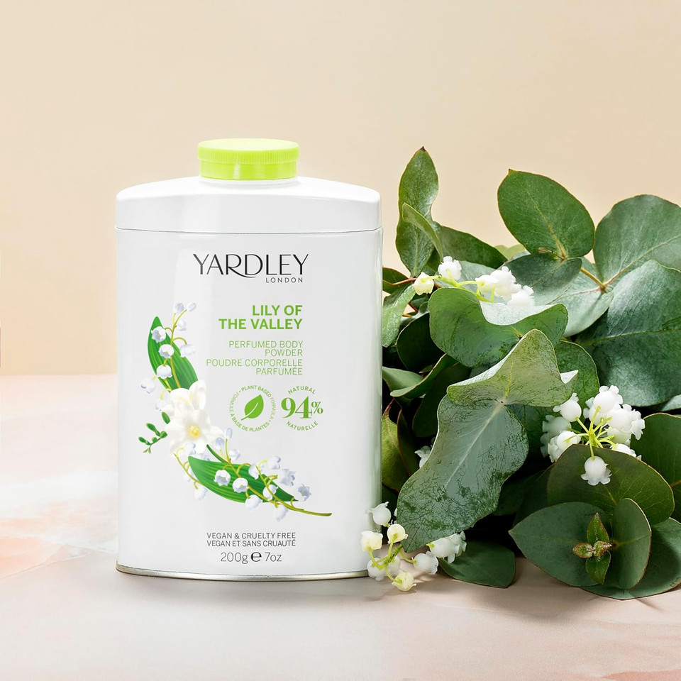 Yardley London lily of the valley perfumed body powder, talcum powder for women to help with odor control and chafing, lily of the valley dusting powder 200g