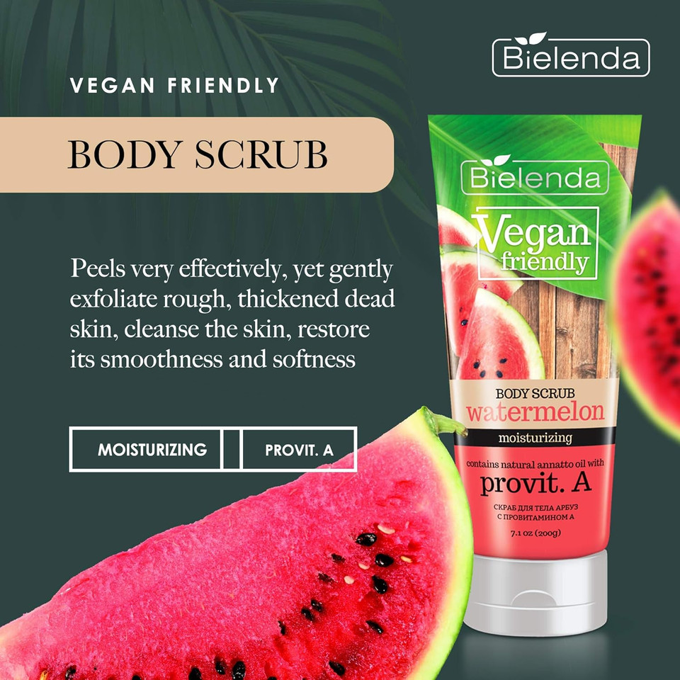 Bielenda Vegan Friendly - Peels Very Effectively, Gently Exfoliate Rough, Thickened Dead Skin, Cleanse, Restore Its Smoothness And Softness - Vegan Friendly Watermelon Body Scrub - 200 g