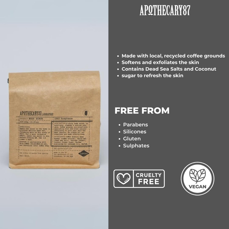 Apothecary 87 Body Scrub | Premium Formulation With Coffee Grounds, Dead Sea Salt & Coconut Flower Sugar | Exfoliating Body & Face Scrub | 400g