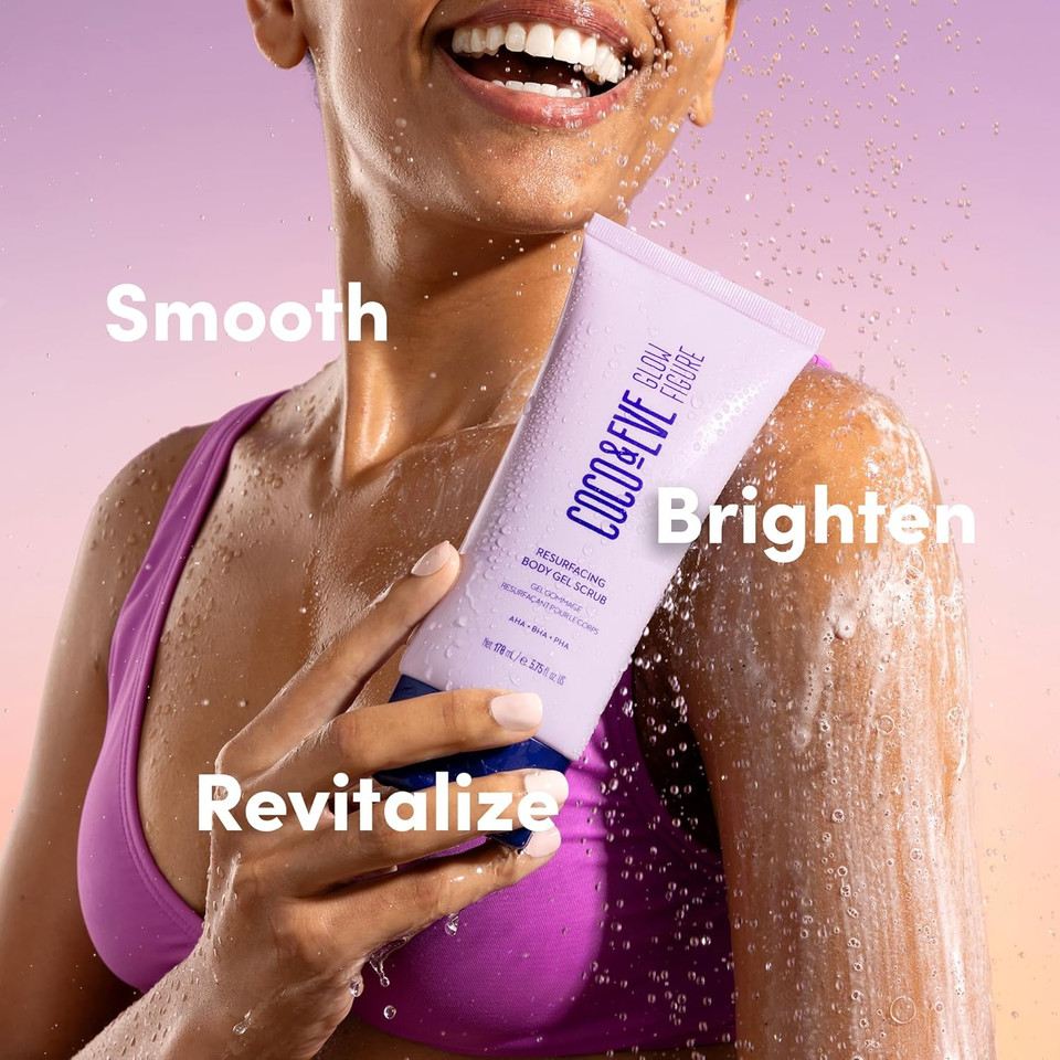 Coco & Eve Resurfacing Body Gel Scrub - Exfoliating Scrub with AHA, BHA for Smoothing, Brightening and Pre-Tan Prep. Improves Dry, Textured Skin, Uneven Tone. Suitable for Sensitive Skin. (170 ml)