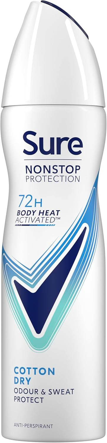 Sure Nonstop Protection Cotton Dry Anti-Perspirant Aerosol Women's Deodorant Spray with Body Heat Activated tech. and a fresh cotton sheets fragrance for 72 hour odour and sweat protection 150 ml