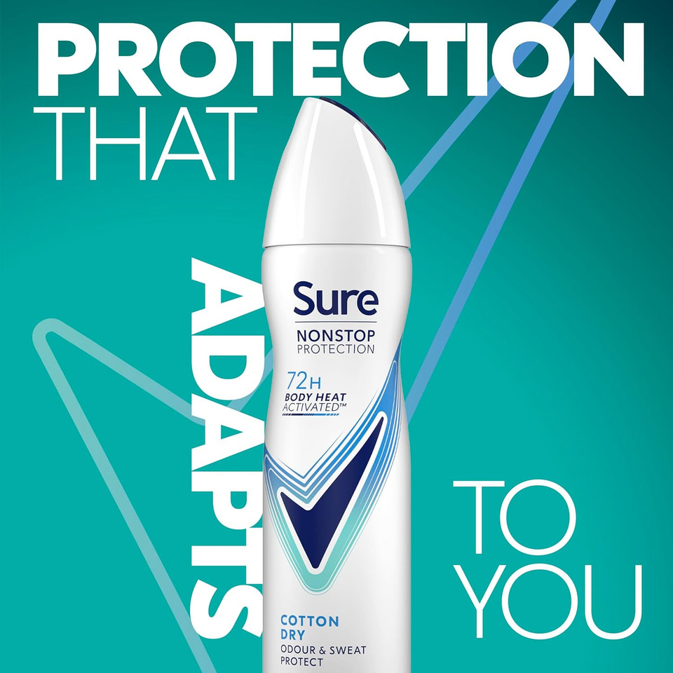 Sure Nonstop Protection Cotton Dry Anti-Perspirant Aerosol Women's Deodorant Spray with Body Heat Activated tech. and a fresh cotton sheets fragrance for 72 hour odour and sweat protection 150 ml