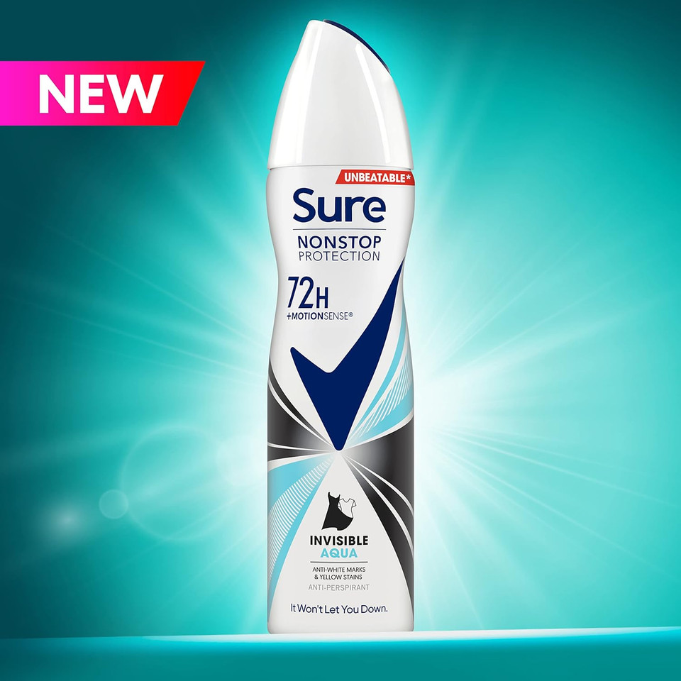 Sure Invisible Aqua Nonstop Protection deodorant spray that protects against white marks and yellow stains Anti-perspirant Deodorant Aerosol 72h protection against sweat and odour 150 ml