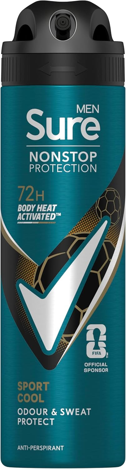 Sure Men Nonstop Protection Sport Cool Anti-Perspirant Aerosol Men's Deodorant Spray with Body Heat Activated technology and a mint & citrus scent for 72 hour odour and sweat protection 150 ml