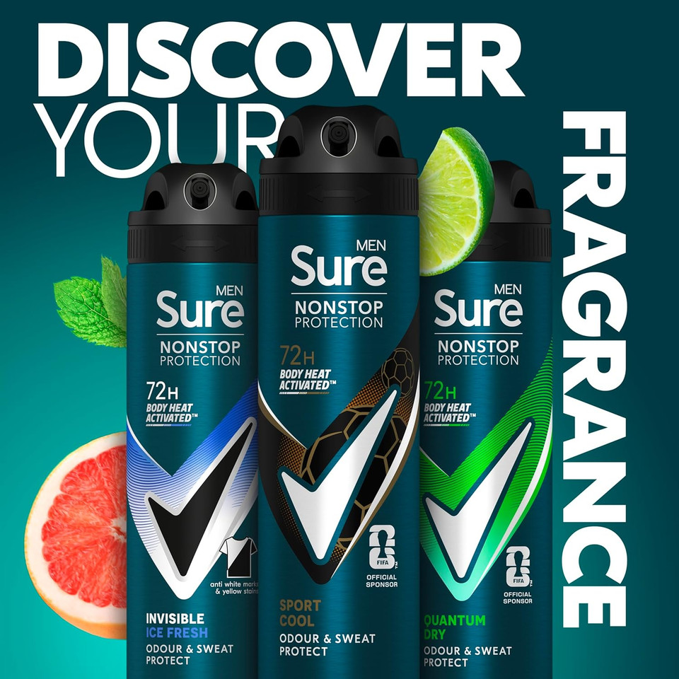 Sure Men Nonstop Protection Sport Cool Anti-Perspirant Aerosol Men's Deodorant Spray with Body Heat Activated technology and a mint & citrus scent for 72 hour odour and sweat protection 150 ml