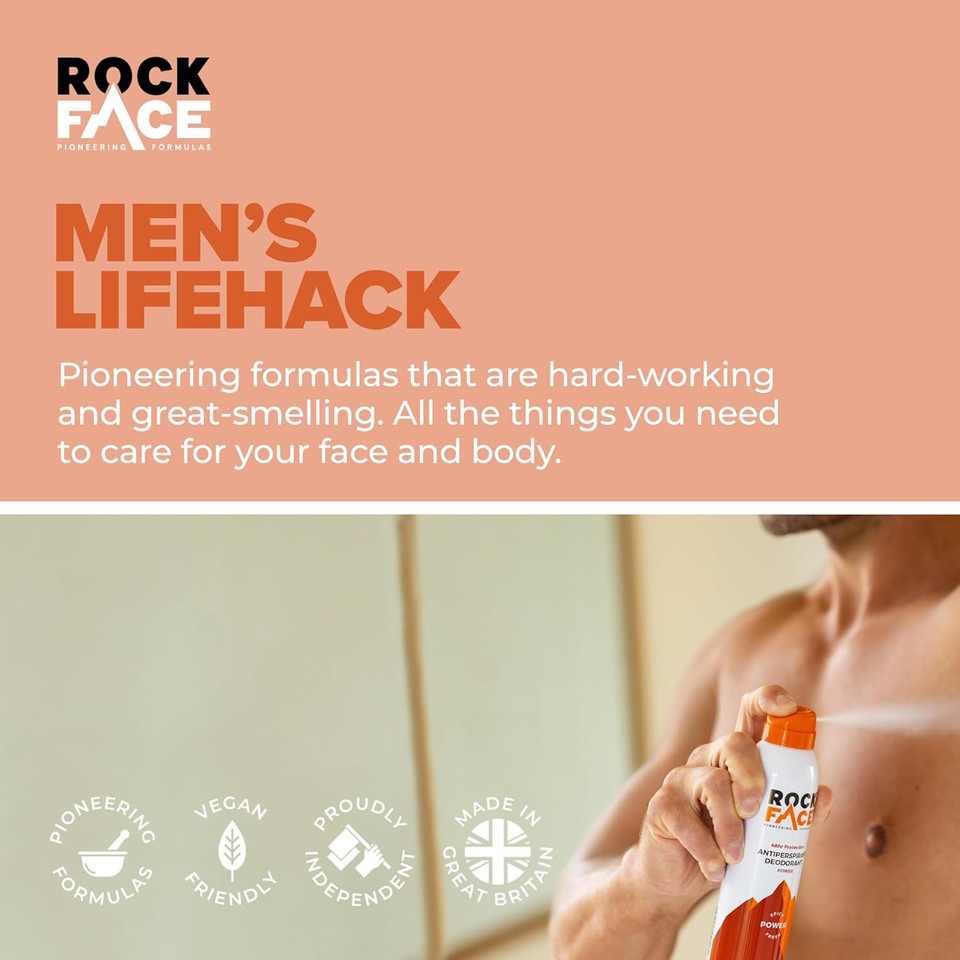Rock Face Antiperspirant Deodorant for Men - Power Spicy Oriental Scent, 200ml Spray, 48 Hour Protection, Non-Staining