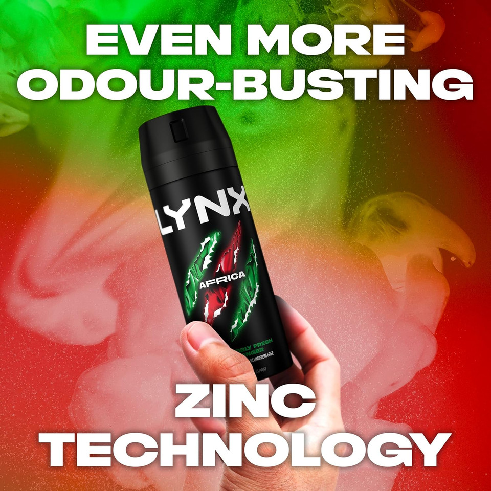 Lynx Africa Aerosol Body Spray Men's Deodorant Spray with a mandarin & sandalwood scent for 48 hours of odour busting, high definition fragrance 150 ml