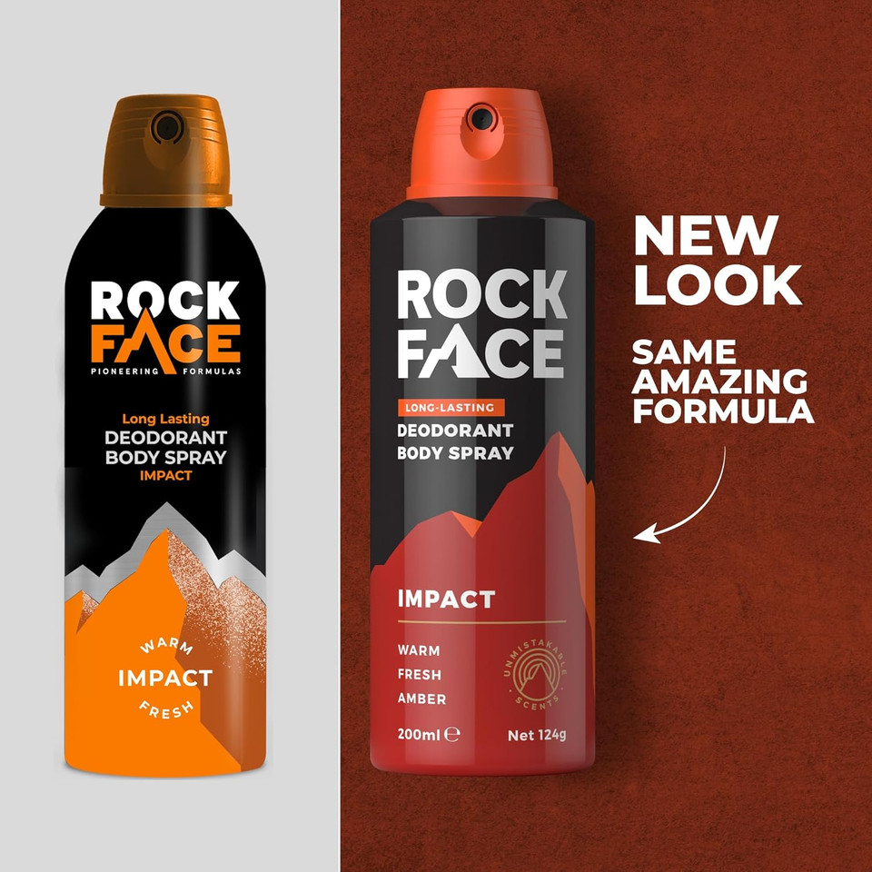 Rock Face Men's Body Spray - Impact Fragrance Body Spray Deodorant for Men, 200ml, Ginger & Amber Scent, Long Lasting