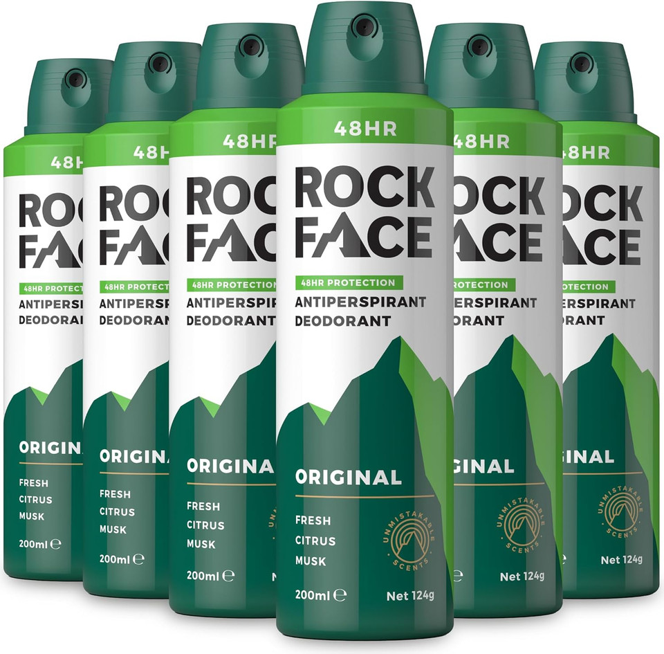 Rock Face Antiperspirant Deodorant for Men - Original Fresh Citrus Scent, 200ml Spray, 48 Hour Protection, Non-Staining