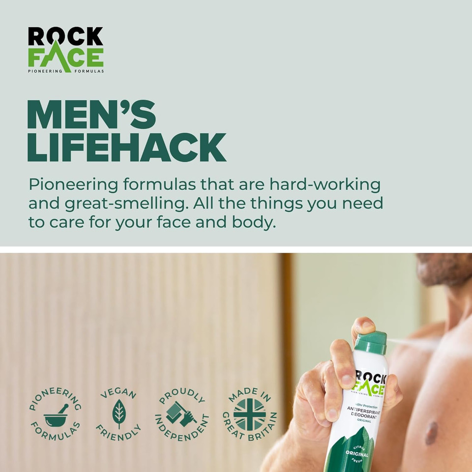 Rock Face Antiperspirant Deodorant for Men - Original Fresh Citrus Scent, 200ml Spray, 48 Hour Protection, Non-Staining