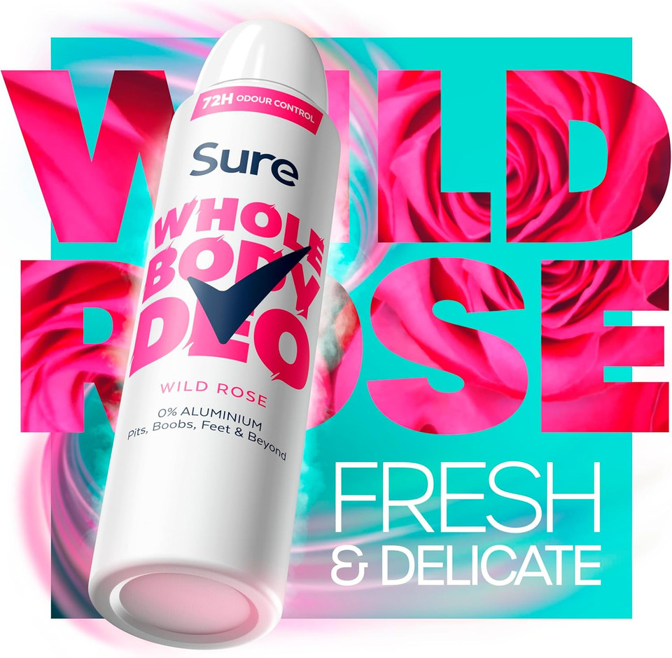 Sure Wild Rose Whole Body Deodorant Women's Deodorant Spray with a fresh & floral fragrance for 72 hour odour control 150 ml