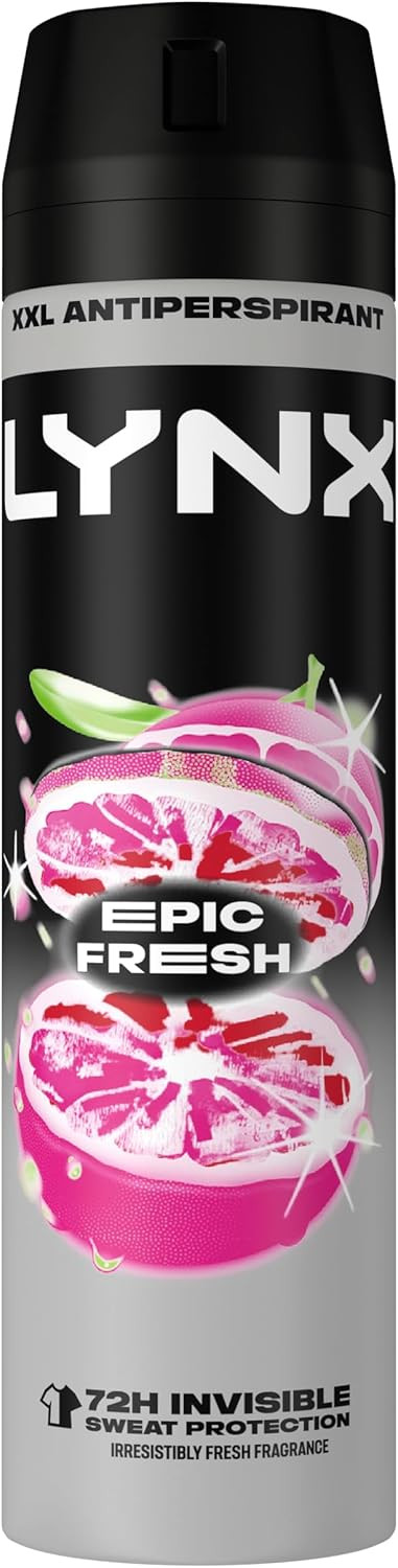 Lynx Epic Fresh Anti-Perspirant Aerosol Men's Deodorant Spray with ProScent technology and a grapefruit & tropical pineapple scent for 72 hours protection against odour and wetness 150 ml
