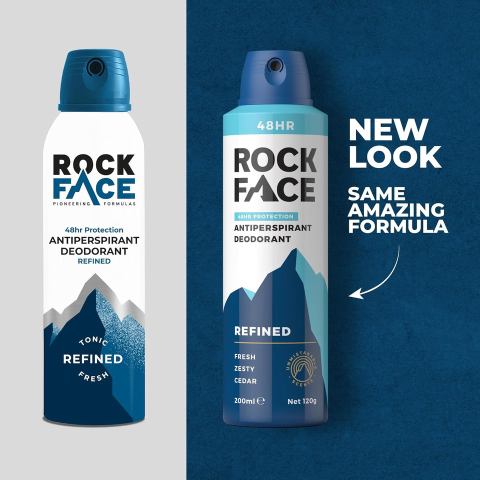 Rock Face Antiperspirant Deodorant for Men - Refined Sandalwood & Cedar Scent, 200ml Spray, 48 Hour Protection, Non-Staining