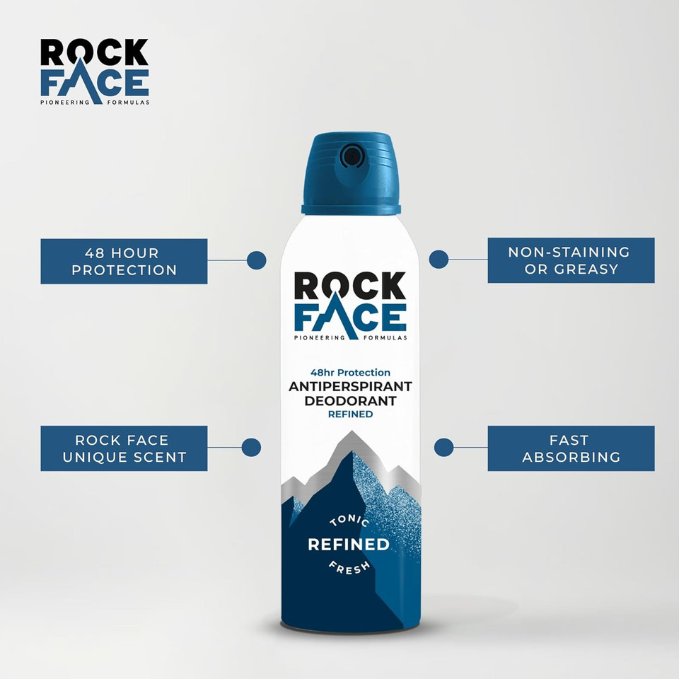 Rock Face Antiperspirant Deodorant for Men - Refined Sandalwood & Cedar Scent, 200ml Spray, 48 Hour Protection, Non-Staining
