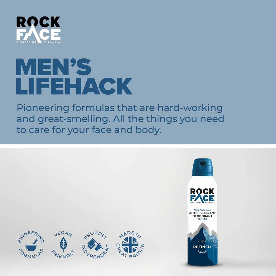 Rock Face Antiperspirant Deodorant for Men - Refined Sandalwood & Cedar Scent, 200ml Spray, 48 Hour Protection, Non-Staining