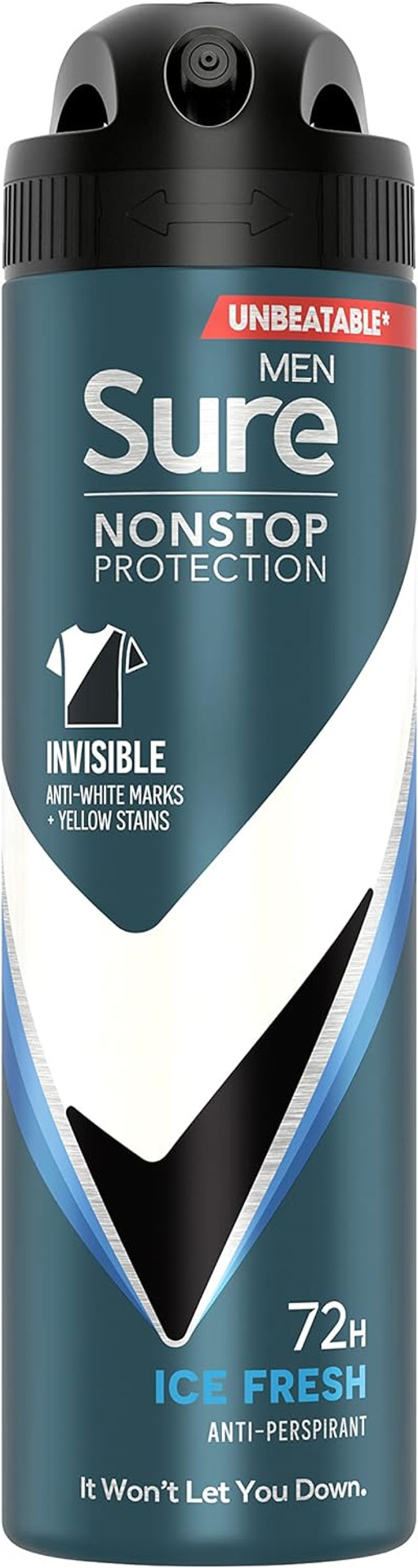 Sure Men Nonstop Protection Invisible Ice Fresh Anti-Perspirant Aerosol Men's Deodorant Spray with Body Heat Activated technology that leaves no marks for 72 hour odour and sweat protection 250 ml Sure Men Nonstop Protection Invisible Ice Fresh Anti-Perspirant Aerosol Men's Deodorant Spray with Body Heat Activated technology that leaves no marks for 72 hour odour and sweat protection 250 ml
