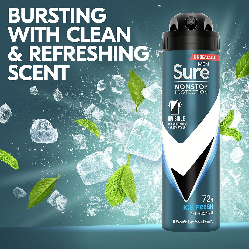 Sure Men Nonstop Protection Invisible Ice Fresh Anti-Perspirant Aerosol Men's Deodorant Spray with Body Heat Activated technology that leaves no marks for 72 hour odour and sweat protection 250 ml Sure Men Nonstop Protection Invisible Ice Fresh Anti-Perspirant Aerosol Men's Deodorant Spray with Body Heat Activated technology that leaves no marks for 72 hour odour and sweat protection 250 ml