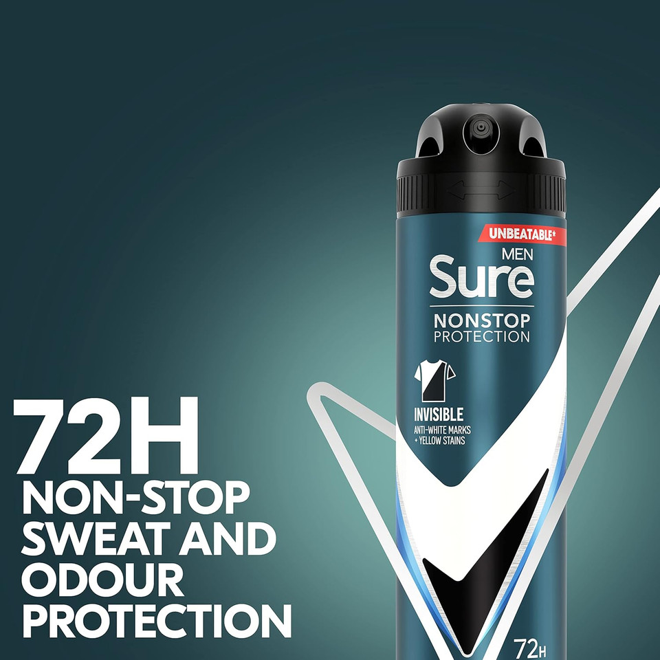 Sure Men Nonstop Protection Invisible Ice Fresh Anti-Perspirant Aerosol Men's Deodorant Spray with Body Heat Activated technology that leaves no marks for 72 hour odour and sweat protection 250 ml Sure Men Nonstop Protection Invisible Ice Fresh Anti-Perspirant Aerosol Men's Deodorant Spray with Body Heat Activated technology that leaves no marks for 72 hour odour and sweat protection 250 ml